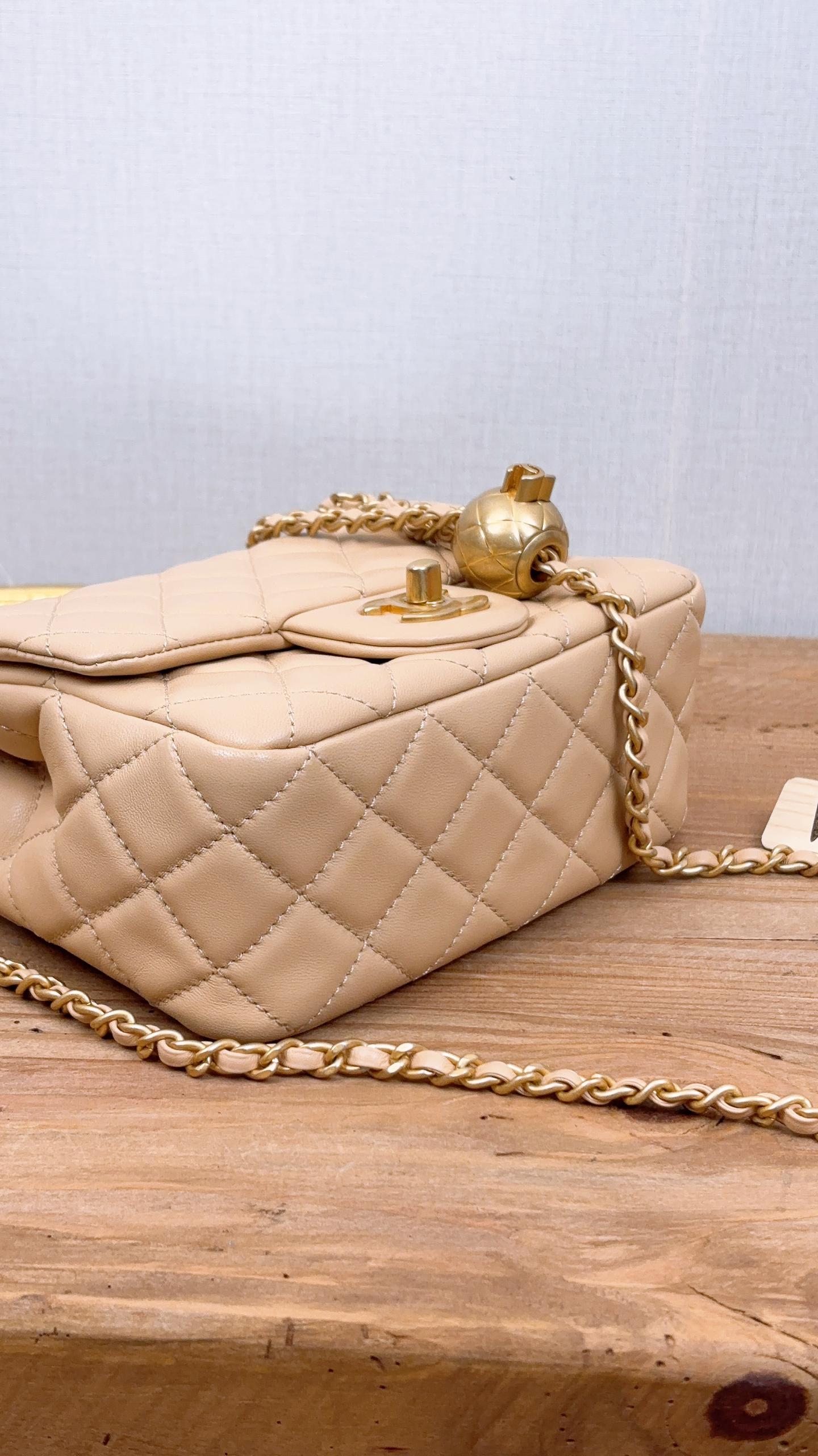 Chanel Beige Lambskin Mini Square with Pearl Crush
