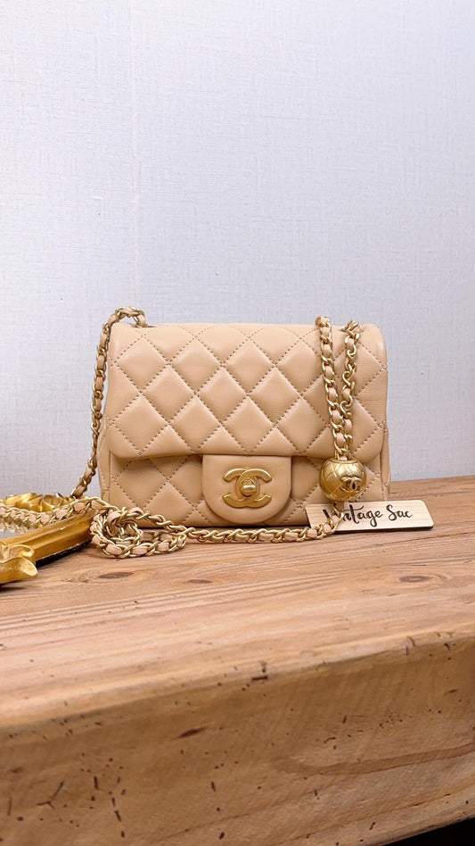 Chanel Beige Lambskin Mini Square with Pearl Crush