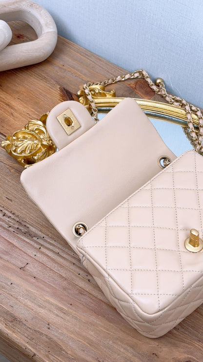 Chanel Beige Lambskin Mini Square with Pearl Crush