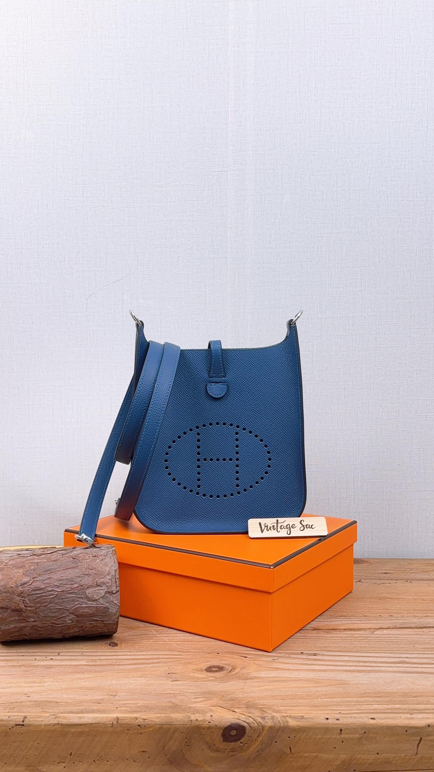 Hermes Blue Tie Epsom Mini Evelyne (PHW)