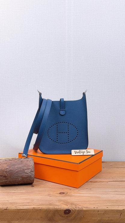 Hermes Blue Tie Epsom Mini Evelyne (PHW)