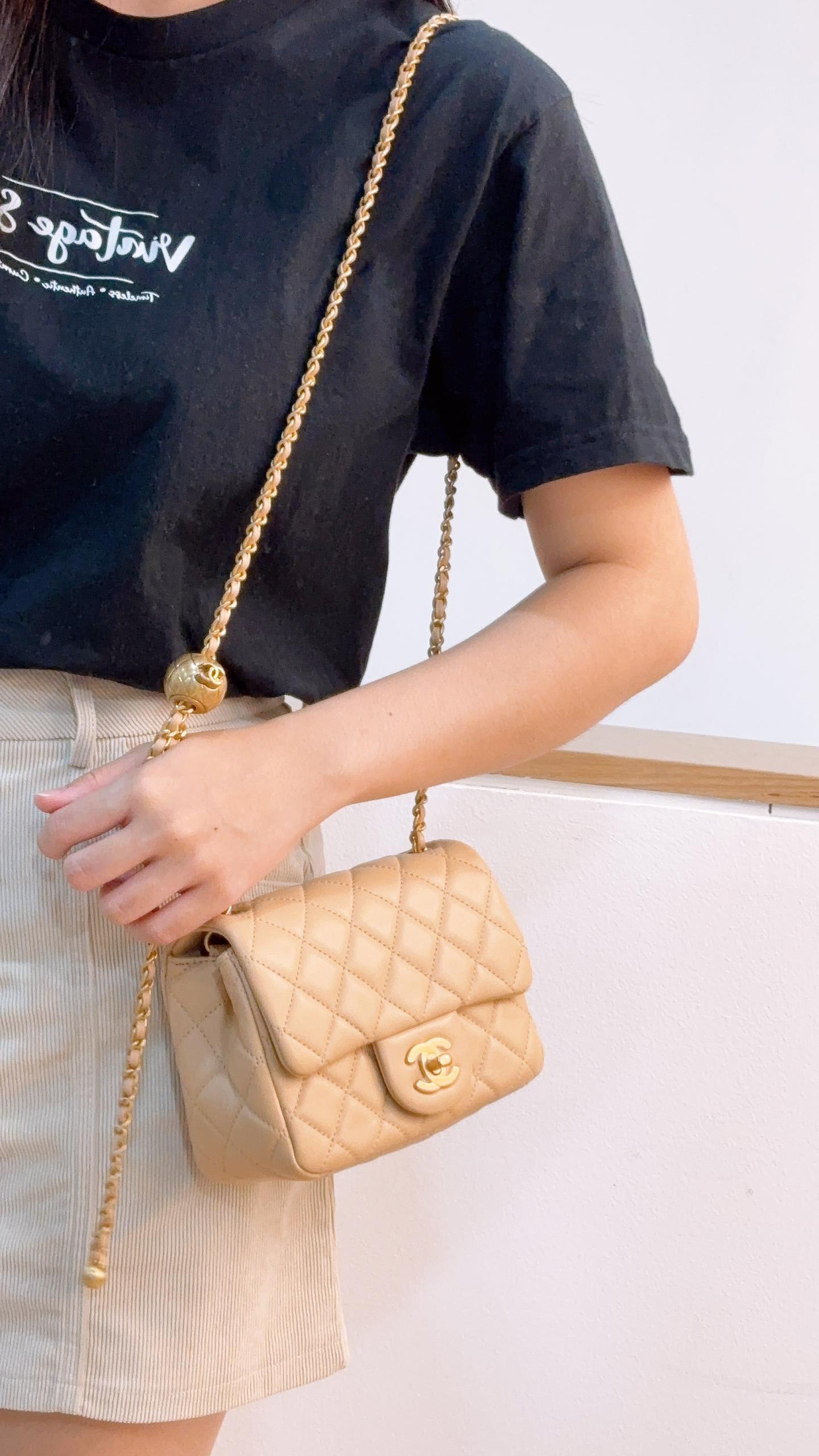 Chanel Beige Lambskin Mini Square with Pearl Crush