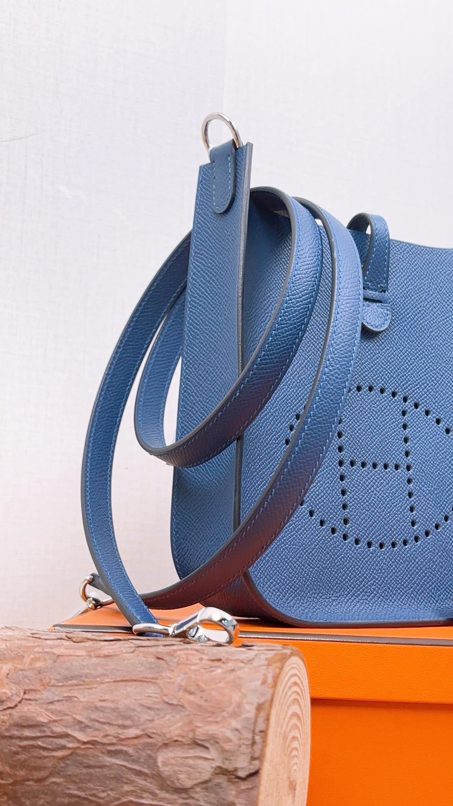 Hermes Blue Tie Epsom Mini Evelyne (PHW)