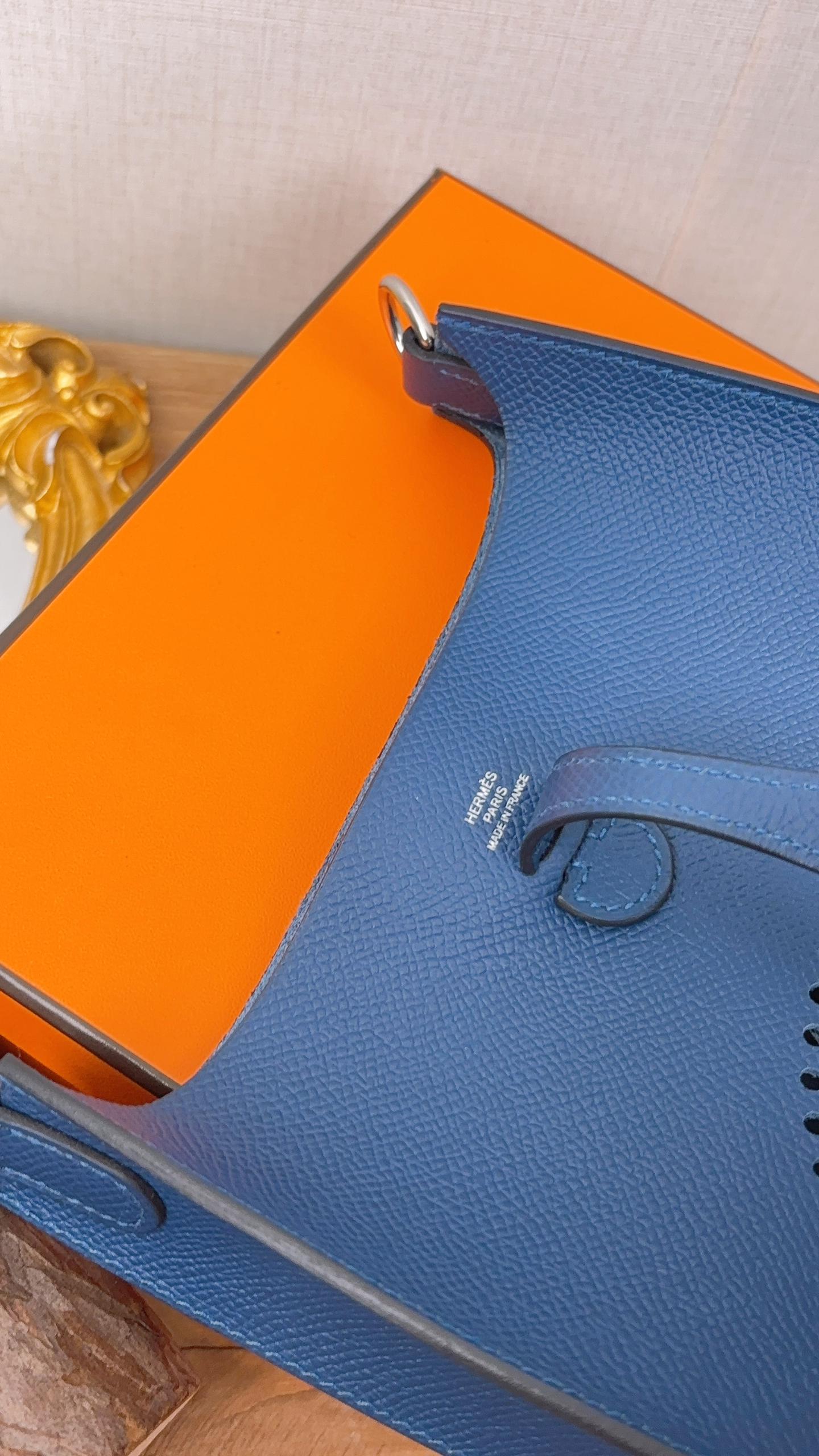 Hermes Blue Tie Epsom Mini Evelyne (PHW)