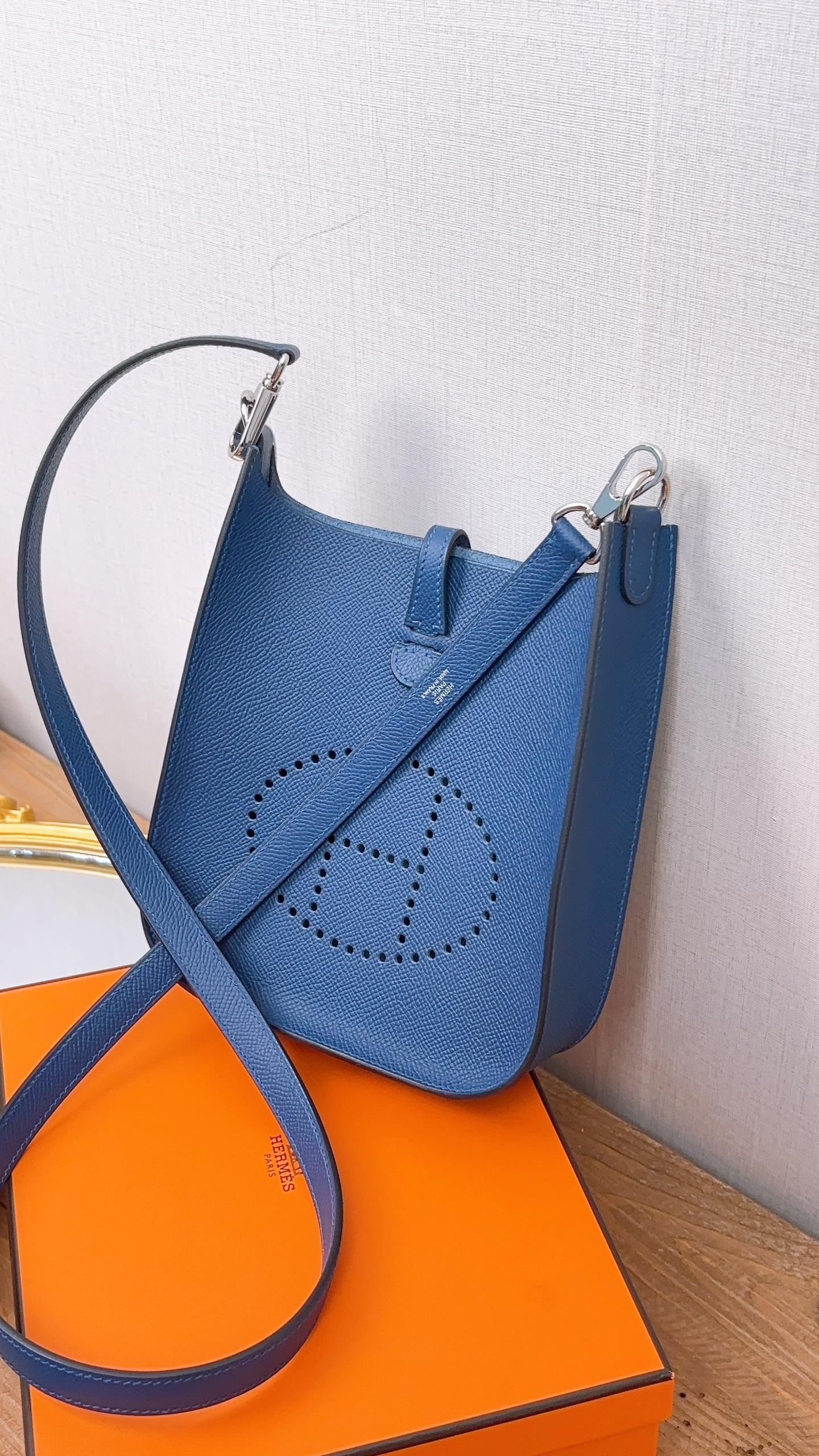 Hermes Blue Tie Epsom Mini Evelyne (PHW)