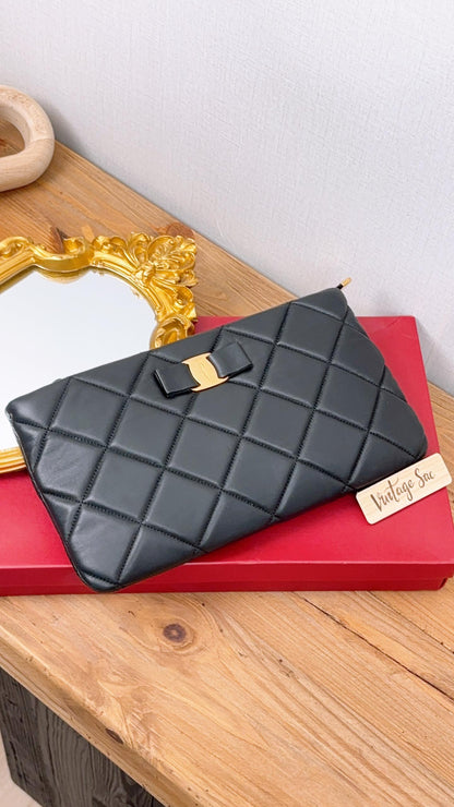 Salvatore Ferragamo Black Lambskin Vara Quilted Clutch