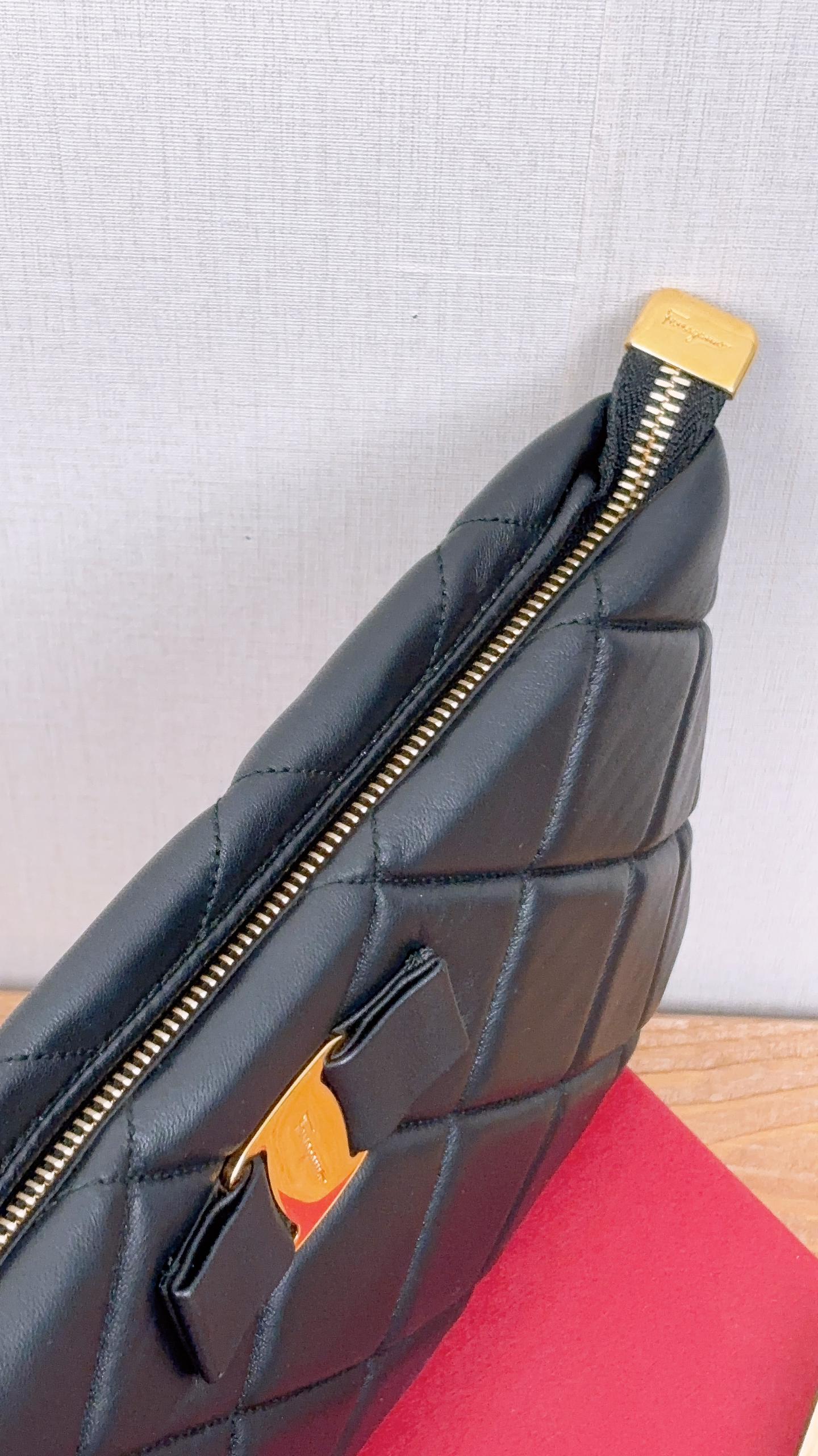 Salvatore Ferragamo Black Lambskin Vara Quilted Clutch