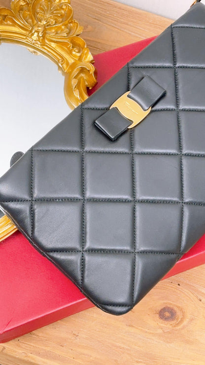Salvatore Ferragamo Black Lambskin Vara Quilted Clutch
