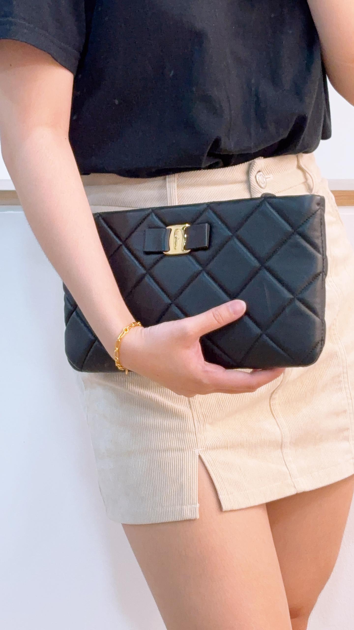 Salvatore Ferragamo Black Lambskin Vara Quilted Clutch