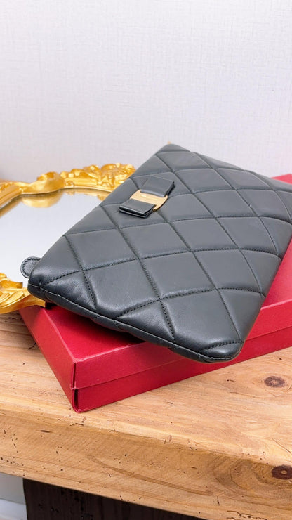 Salvatore Ferragamo Black Lambskin Vara Quilted Clutch