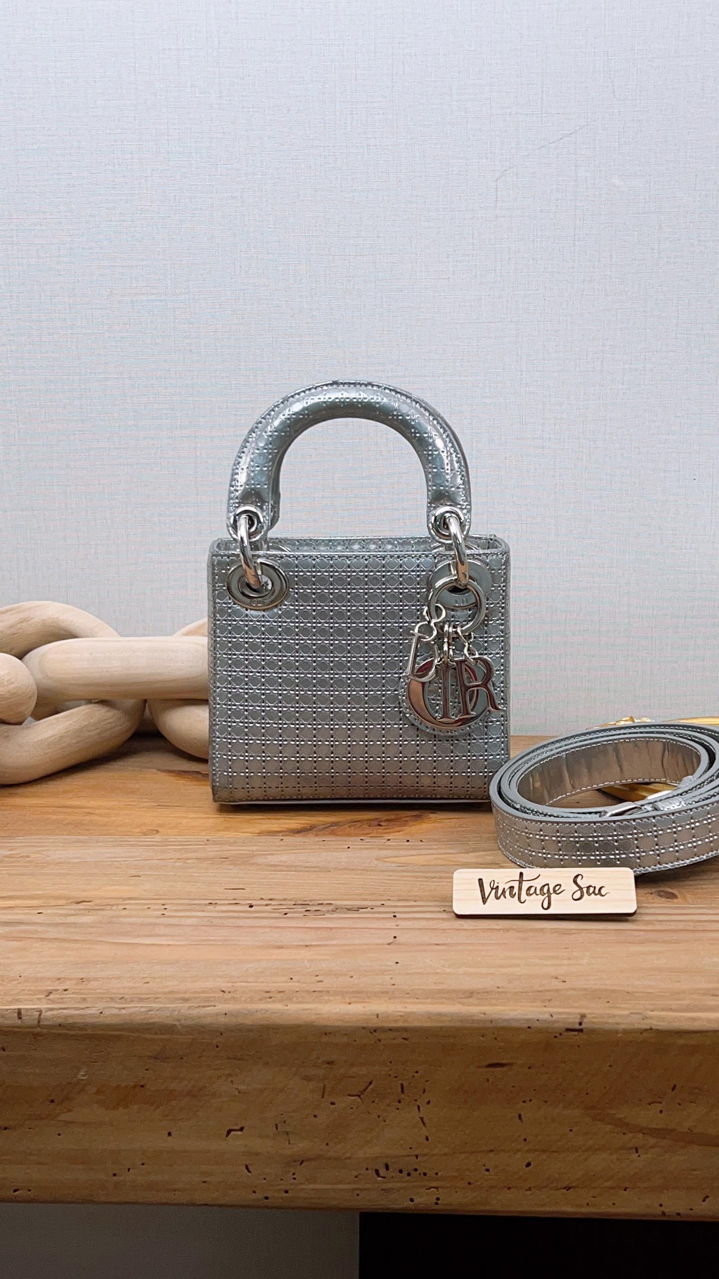 Dior Silver Metallic Microcannage Mini Lady D (SHW)