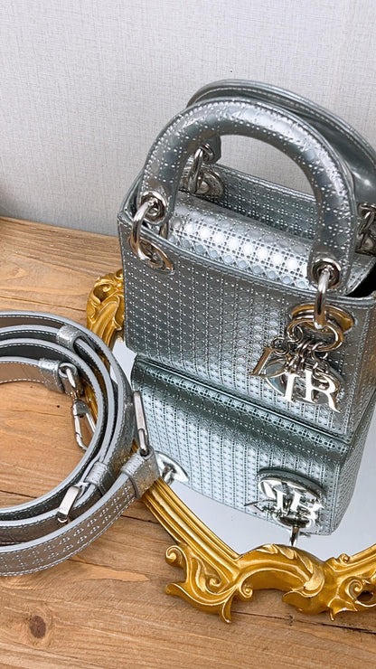 Dior Silver Metallic Microcannage Mini Lady D (SHW)
