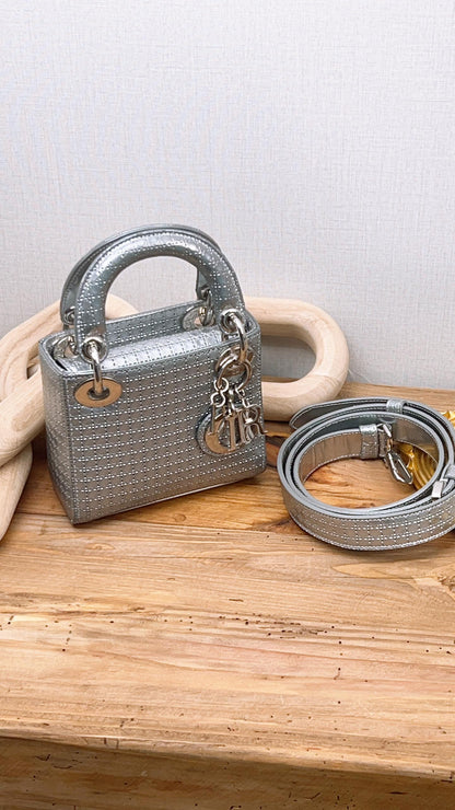 Dior Silver Metallic Microcannage Mini Lady D (SHW)