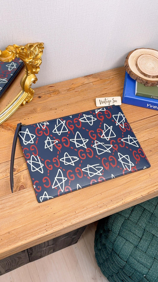 Gucci Navy Ghost Graffiti Print Pouch