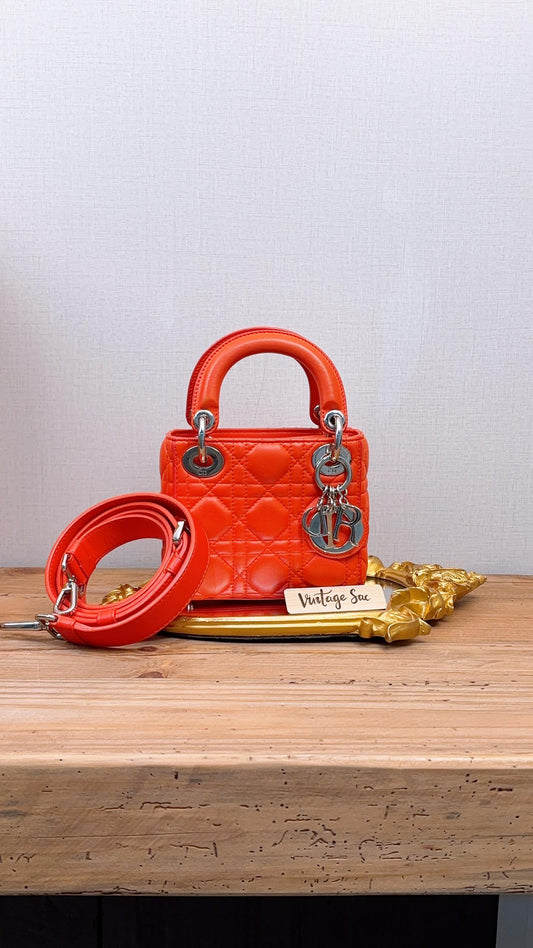 Dior Orange Lambskin Mini Lady Dior (SHW)