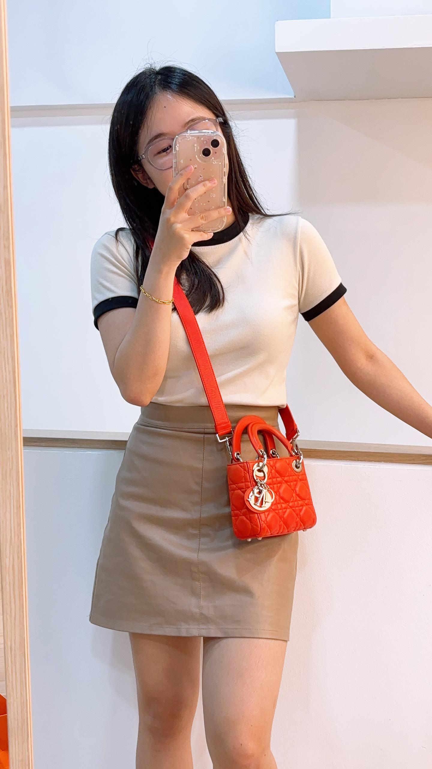 Dior Orange Lambskin Mini Lady Dior (SHW)