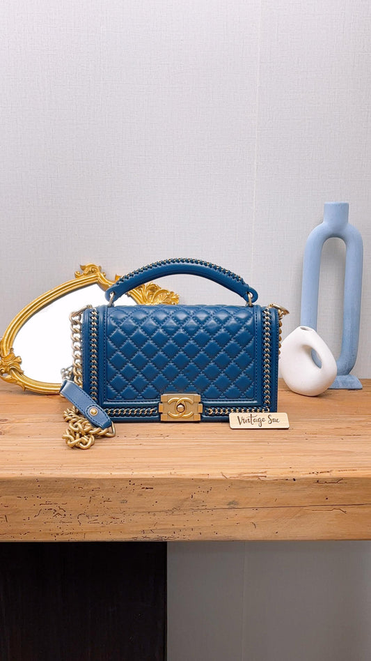 Chanel Blue Calfskin Chainaround Medium Boy Flap Bag with Handle (GHW)