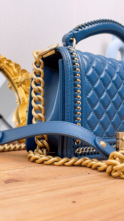 Chanel Blue Calfskin Chainaround Medium Boy Flap Bag with Handle (GHW)