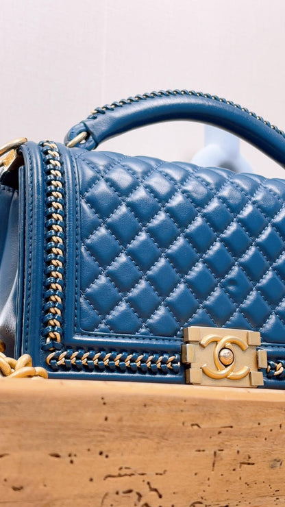 Chanel Blue Calfskin Chainaround Medium Boy Flap Bag with Handle (GHW)