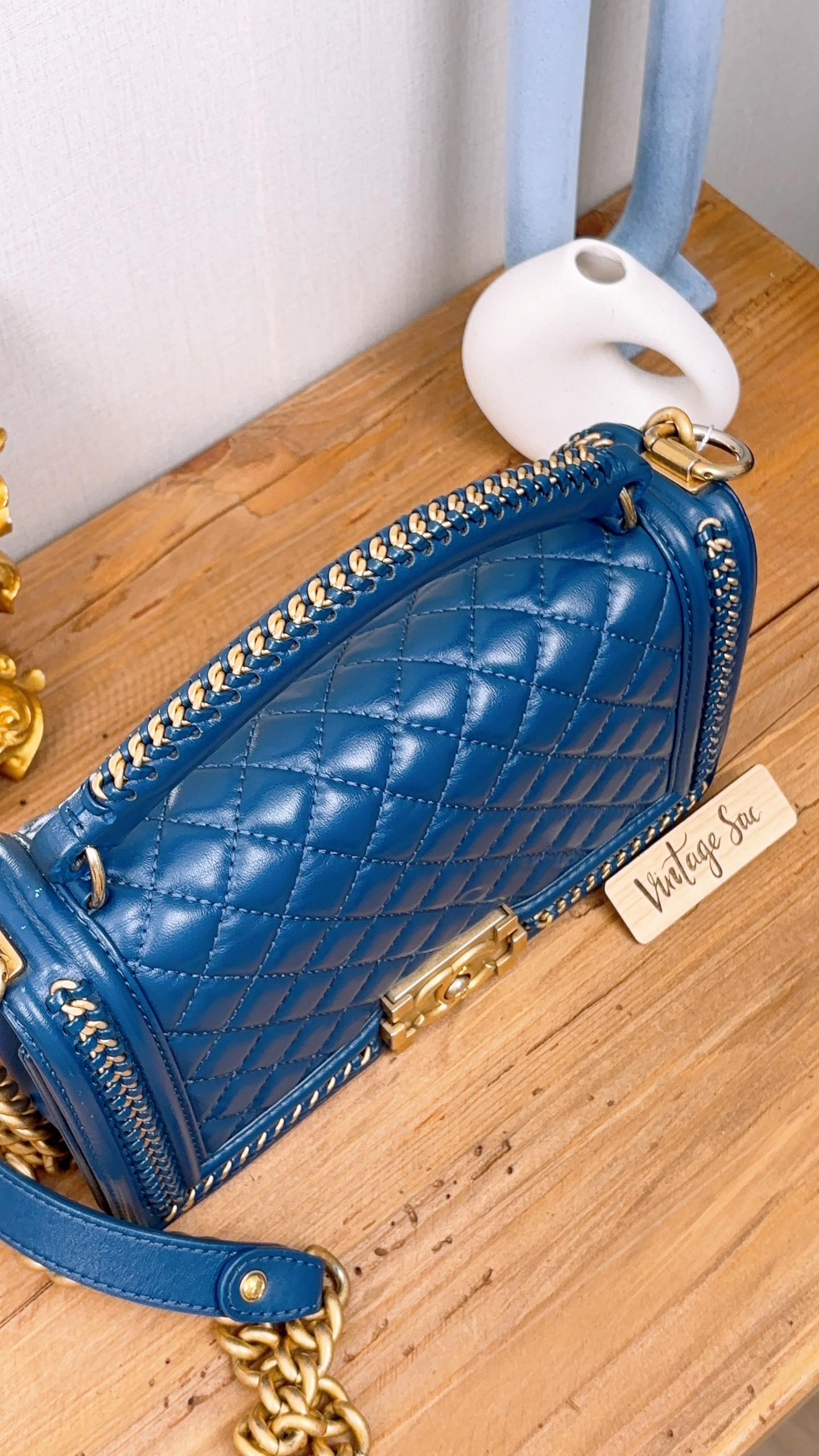 Chanel Blue Calfskin Chainaround Medium Boy Flap Bag with Handle (GHW)