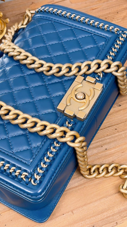 Chanel Blue Calfskin Chainaround Medium Boy Flap Bag with Handle (GHW)