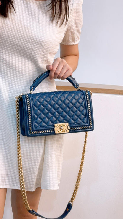 Chanel Blue Calfskin Chainaround Medium Boy Flap Bag with Handle (GHW)