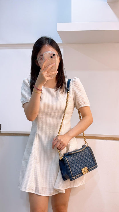 Chanel Blue Calfskin Chainaround Medium Boy Flap Bag with Handle (GHW)
