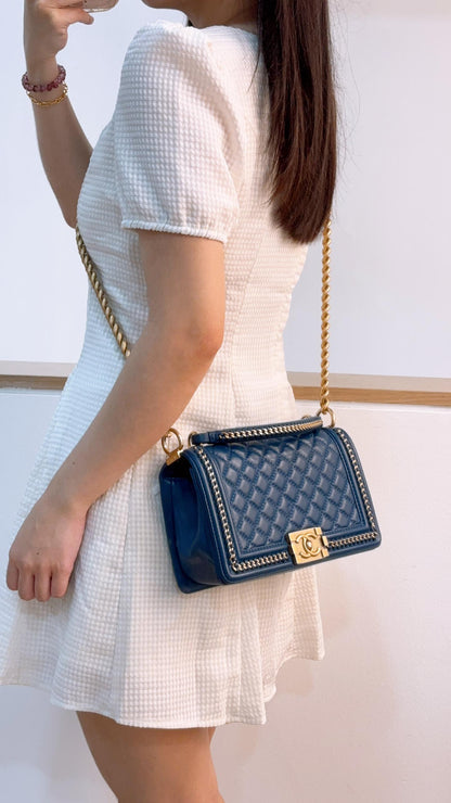 Chanel Blue Calfskin Chainaround Medium Boy Flap Bag with Handle (GHW)