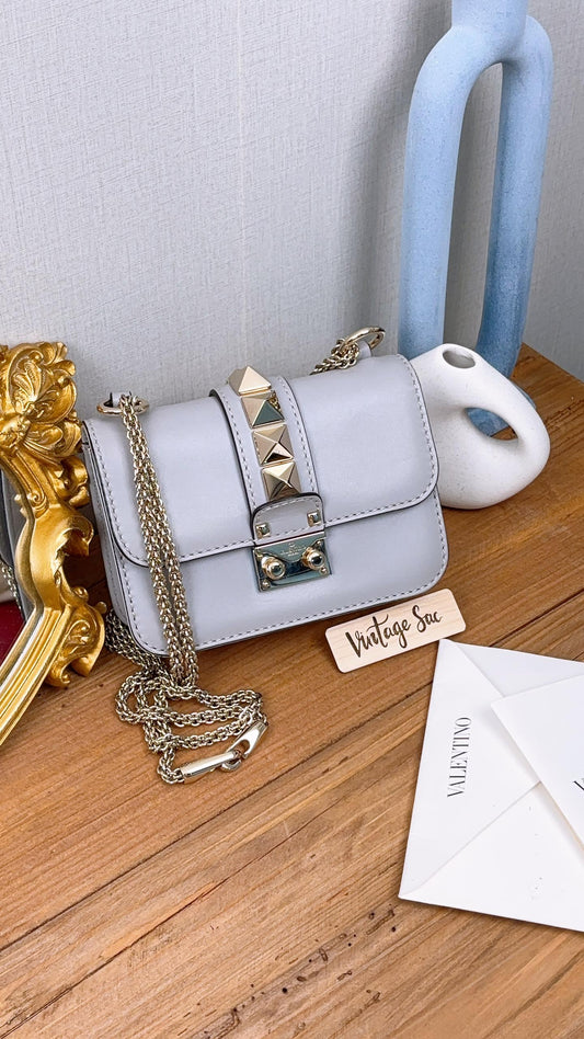 Valentino Grey Leather Small Glam Lock Rockstud Bag