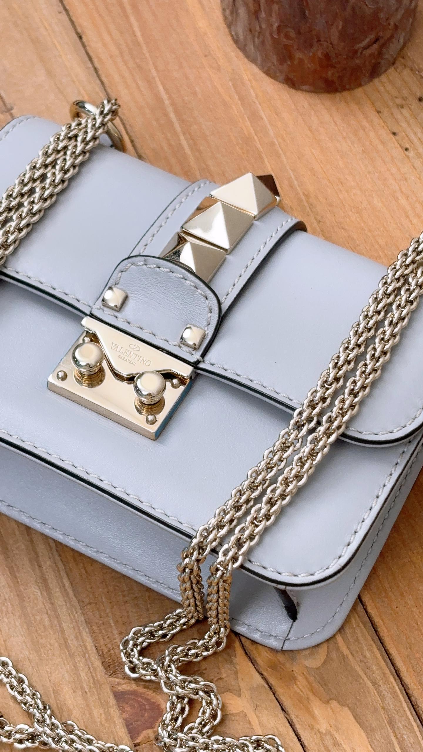 Valentino Grey Leather Small Glam Lock Rockstud Bag