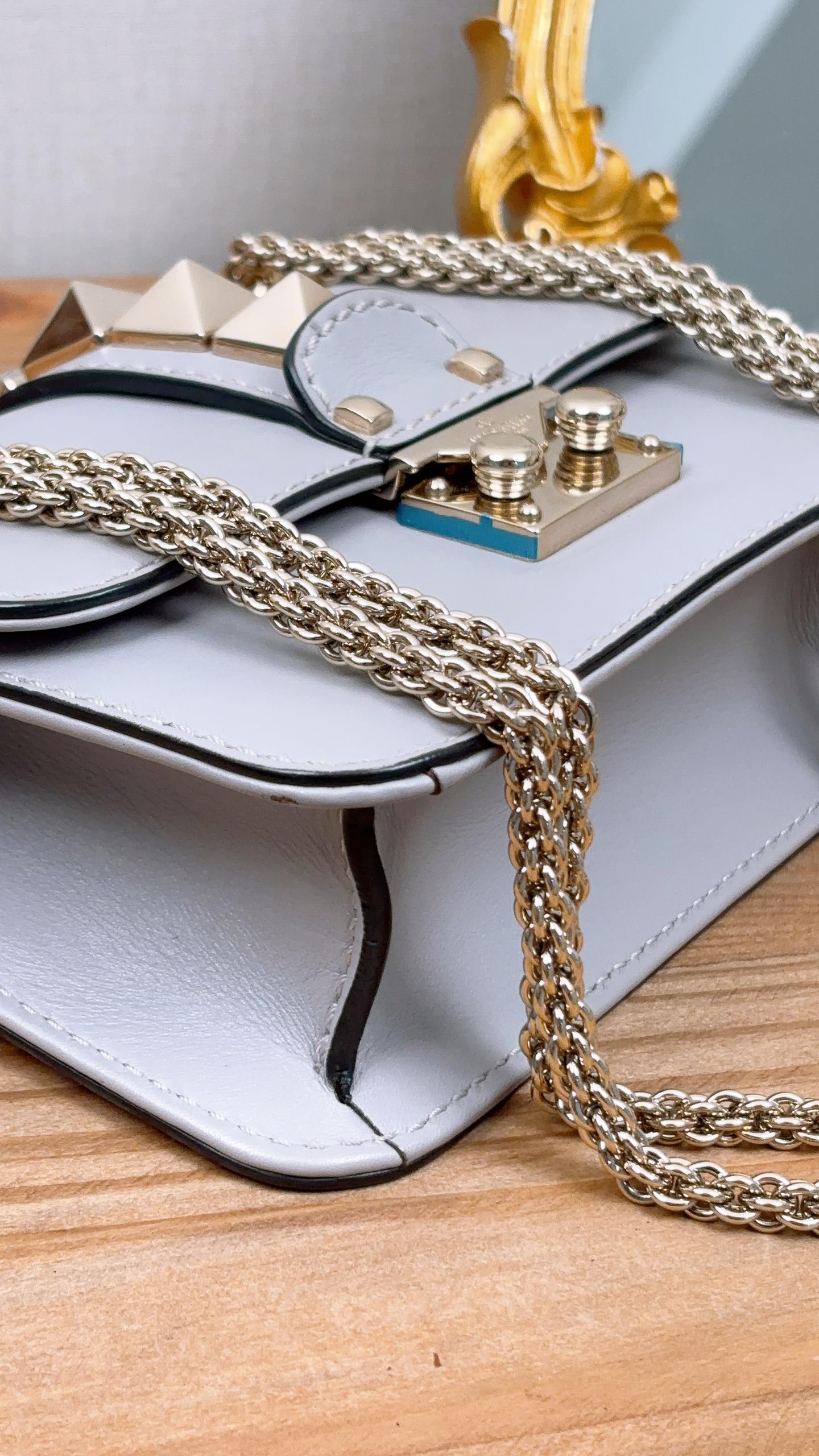 Valentino Grey Leather Small Glam Lock Rockstud Bag