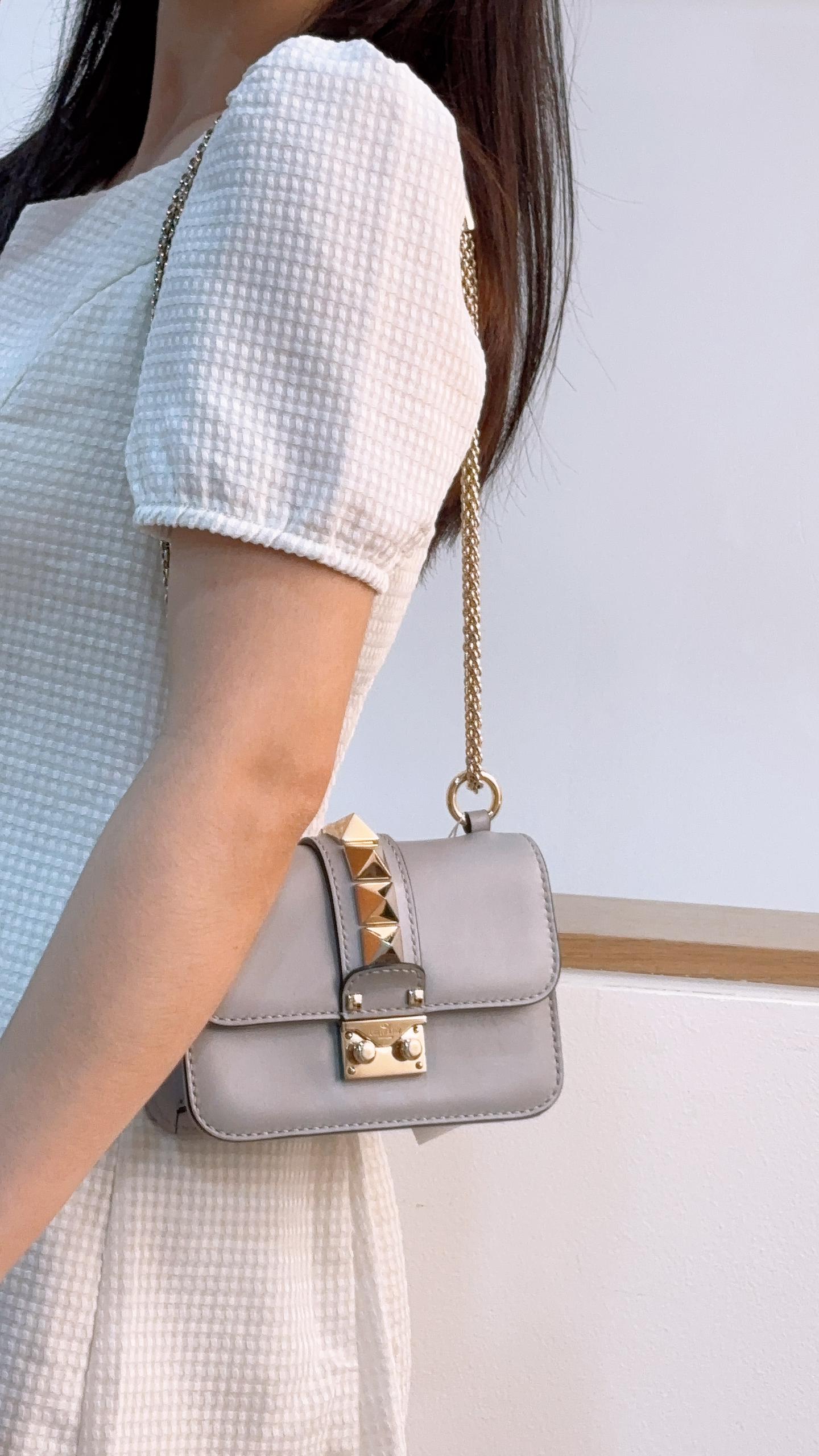Valentino Grey Leather Small Glam Lock Rockstud Bag