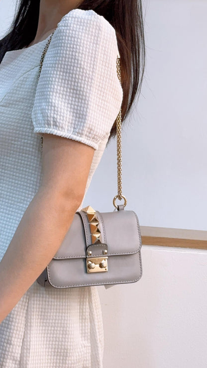 Valentino Grey Leather Small Glam Lock Rockstud Bag