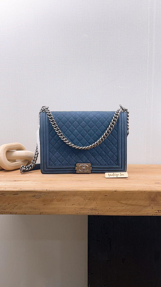 Chanel Blue Nubuck Caviar Large Boy (RHW)