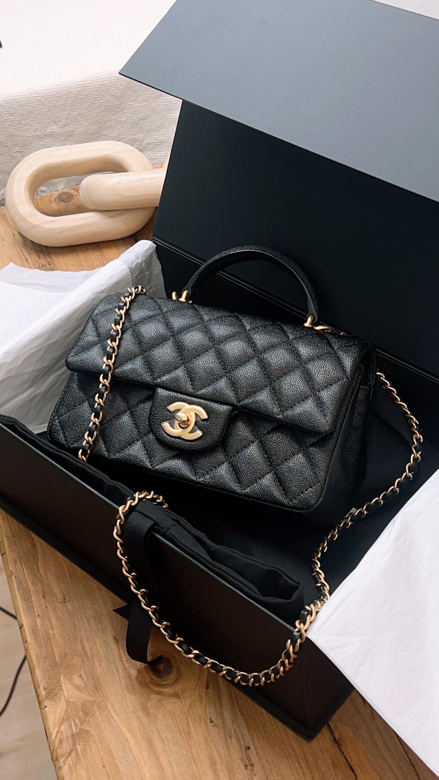 Chanel Black Caviar Top Handle Mini Rectangular Flap (GHW)