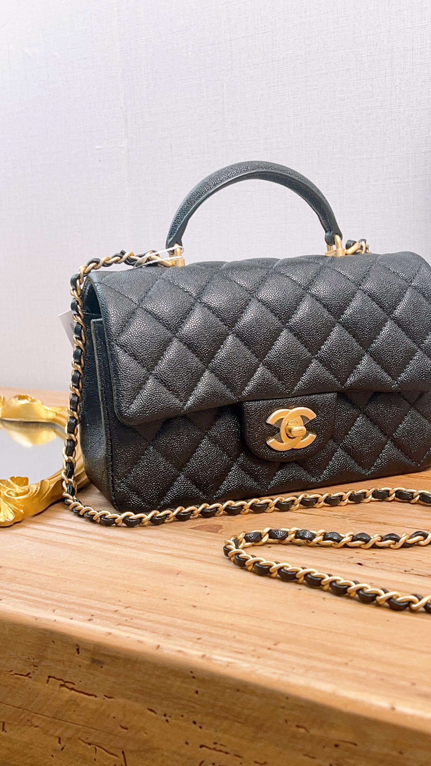 Chanel Black Caviar Top Handle Mini Rectangular Flap (GHW)