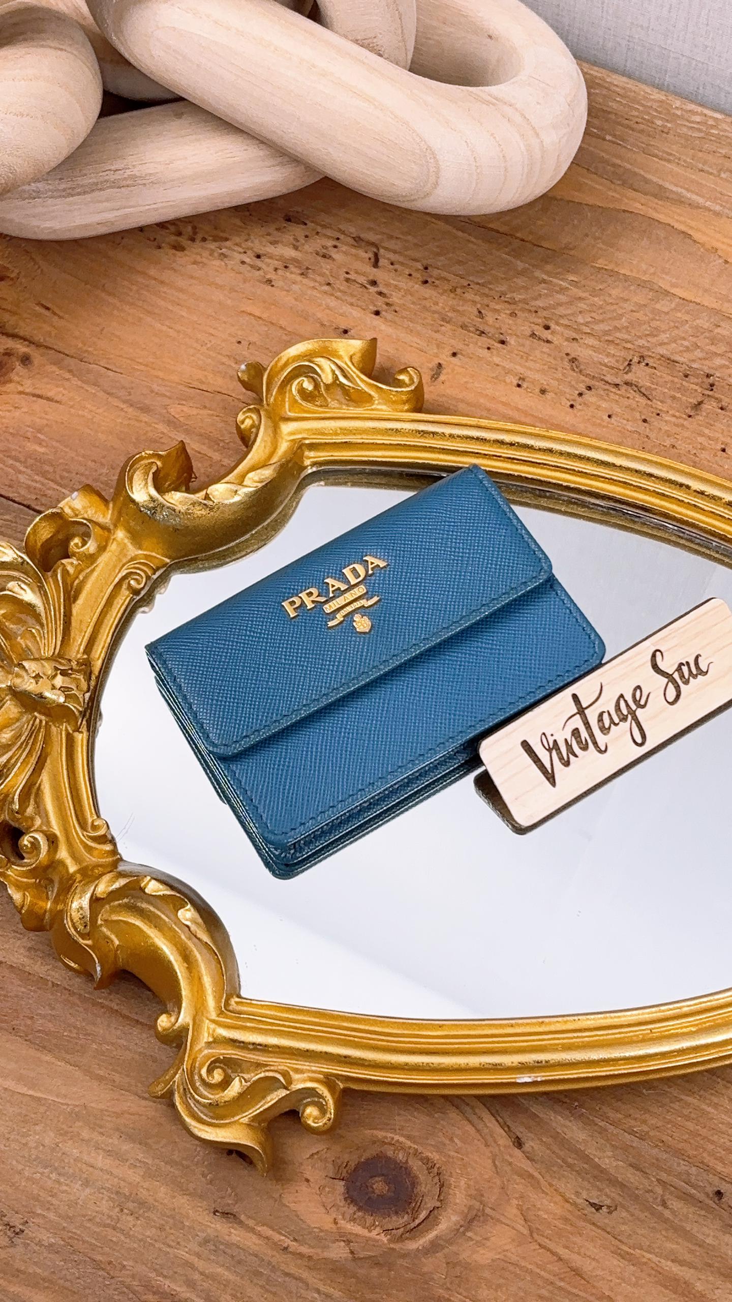 Prada Blue Saffiano Flap Card Holder (GHW)