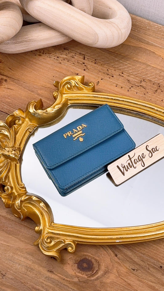 Prada Blue Saffiano Flap Card Holder (GHW)