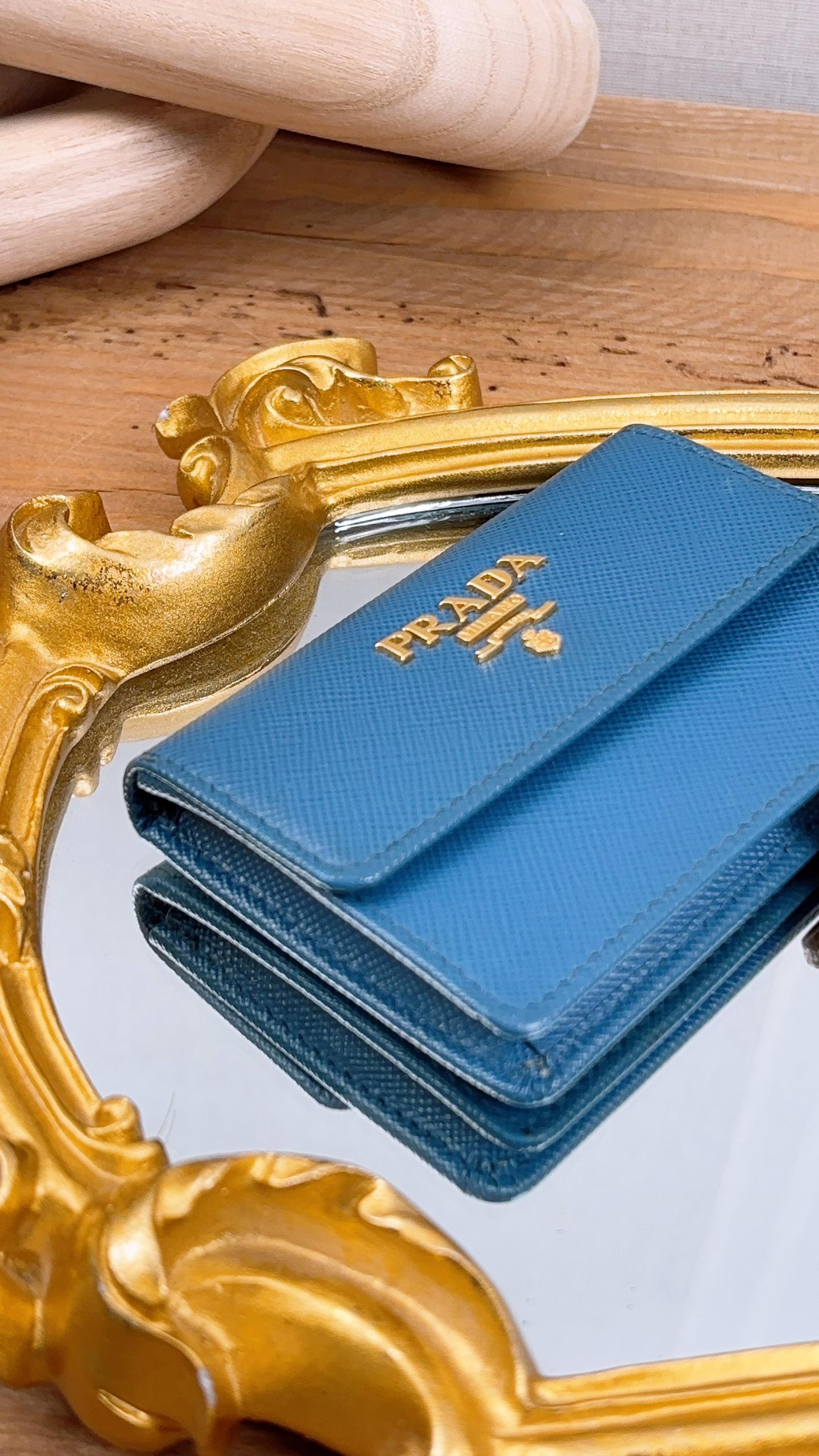 Prada Blue Saffiano Flap Card Holder (GHW)
