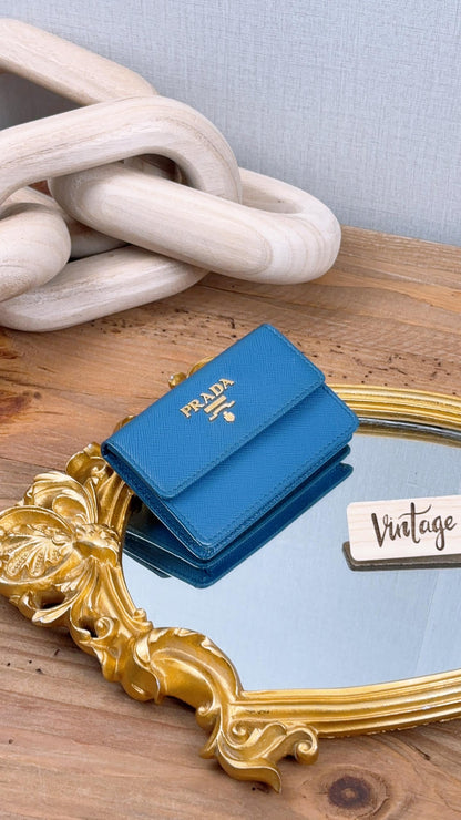 Prada Blue Saffiano Flap Card Holder (GHW)