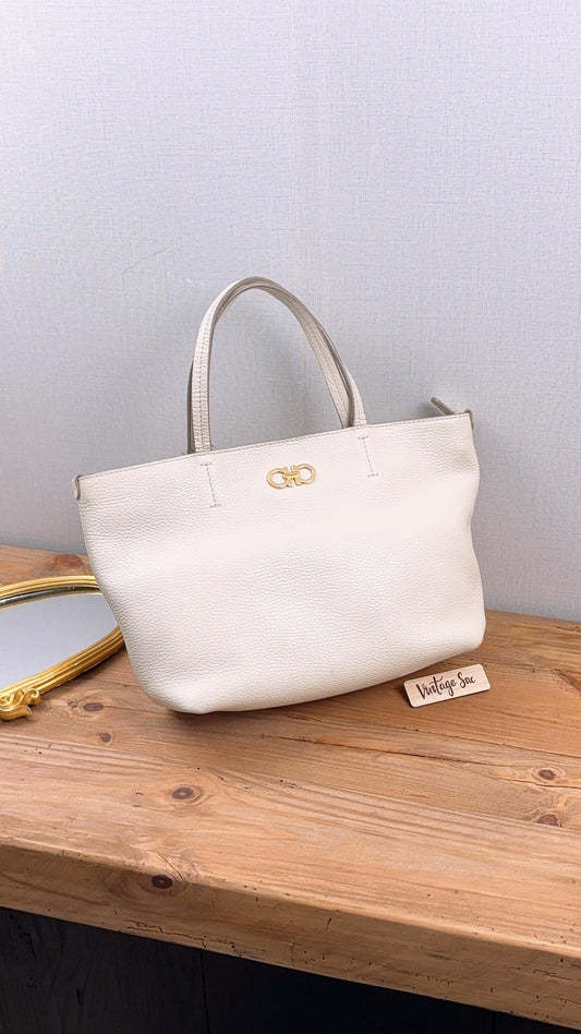 Salvatore Ferragamo Ivory Pebbled Leather Small Gancini Tote