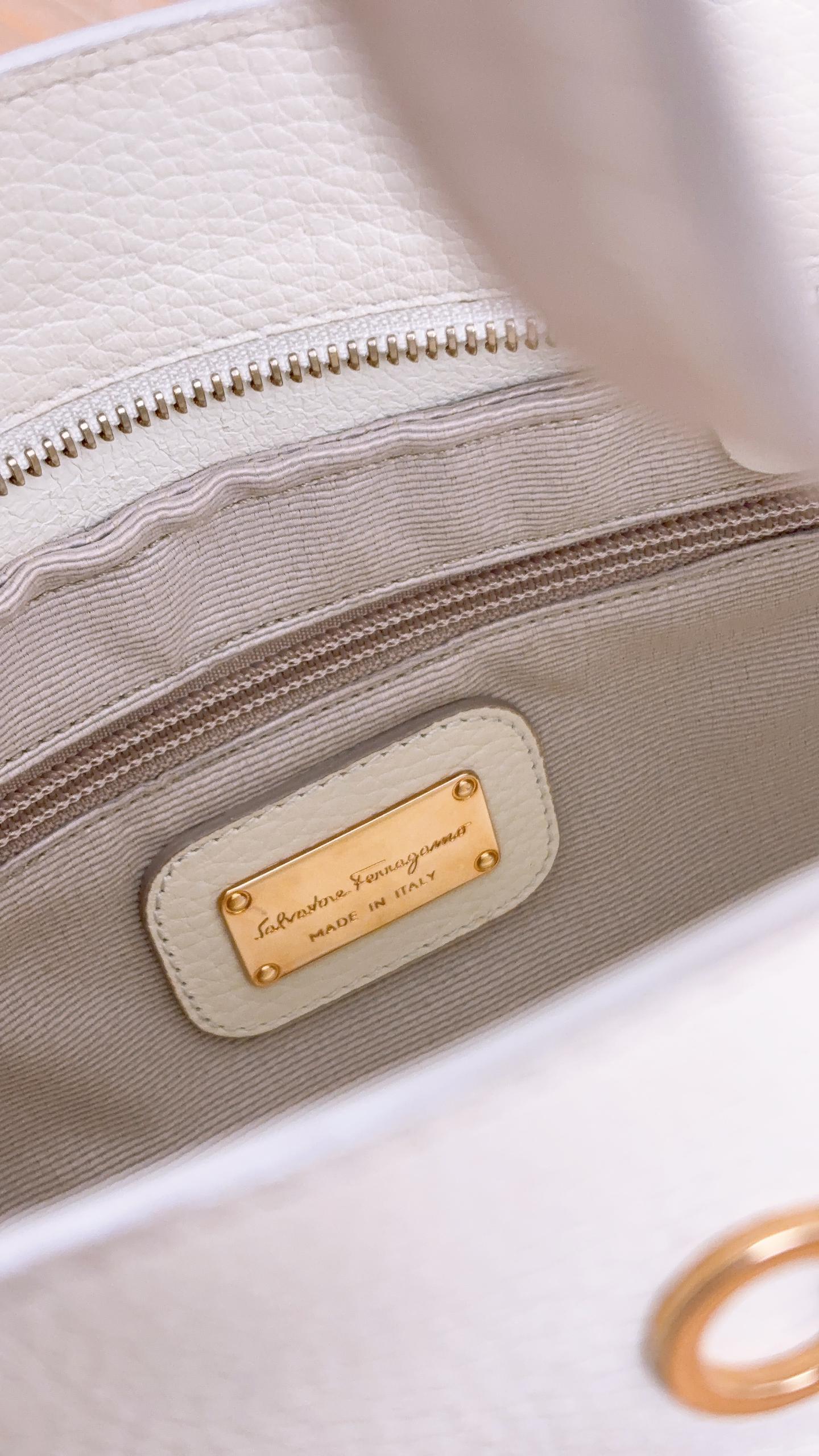 Salvatore Ferragamo Ivory Pebbled Leather Small Gancini Tote