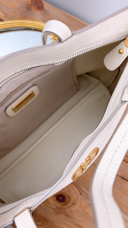 Salvatore Ferragamo Ivory Pebbled Leather Small Gancini Tote
