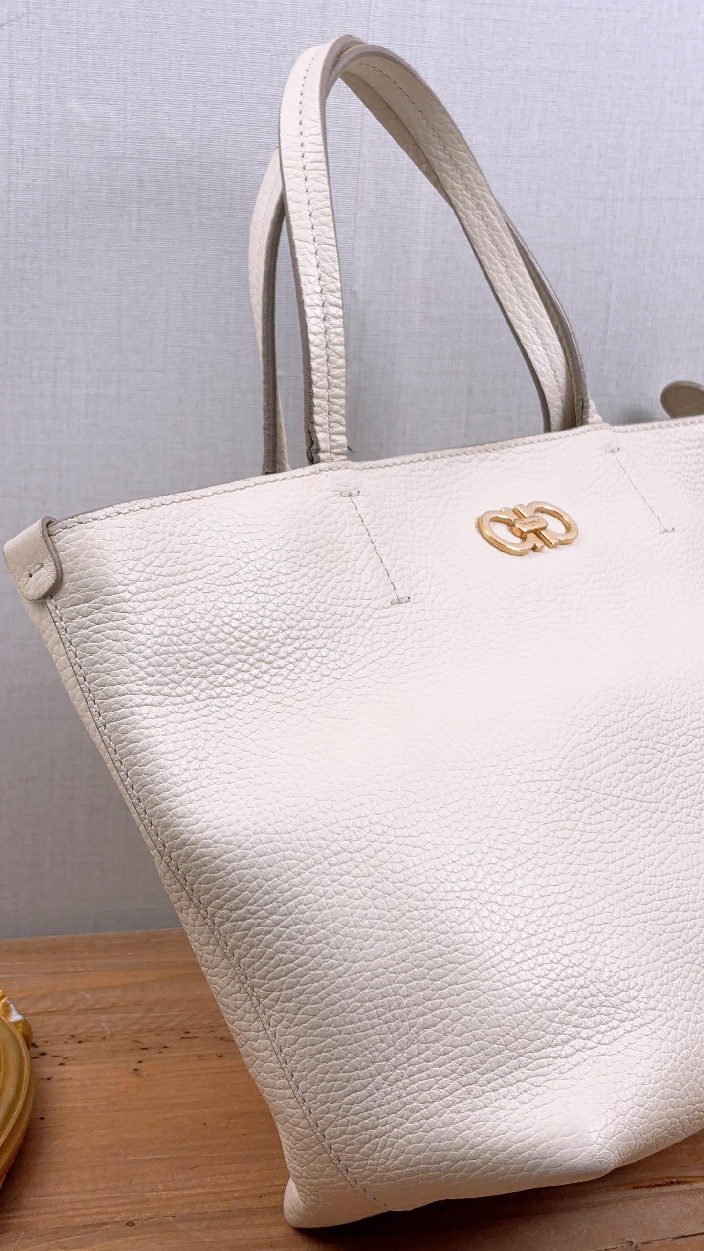 Salvatore Ferragamo Ivory Pebbled Leather Small Gancini Tote