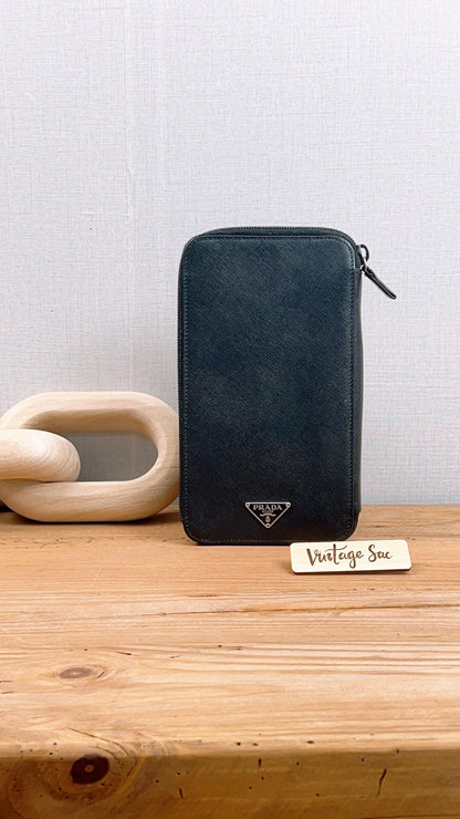 Prada Black Saffiano Travel Zippy Wallet