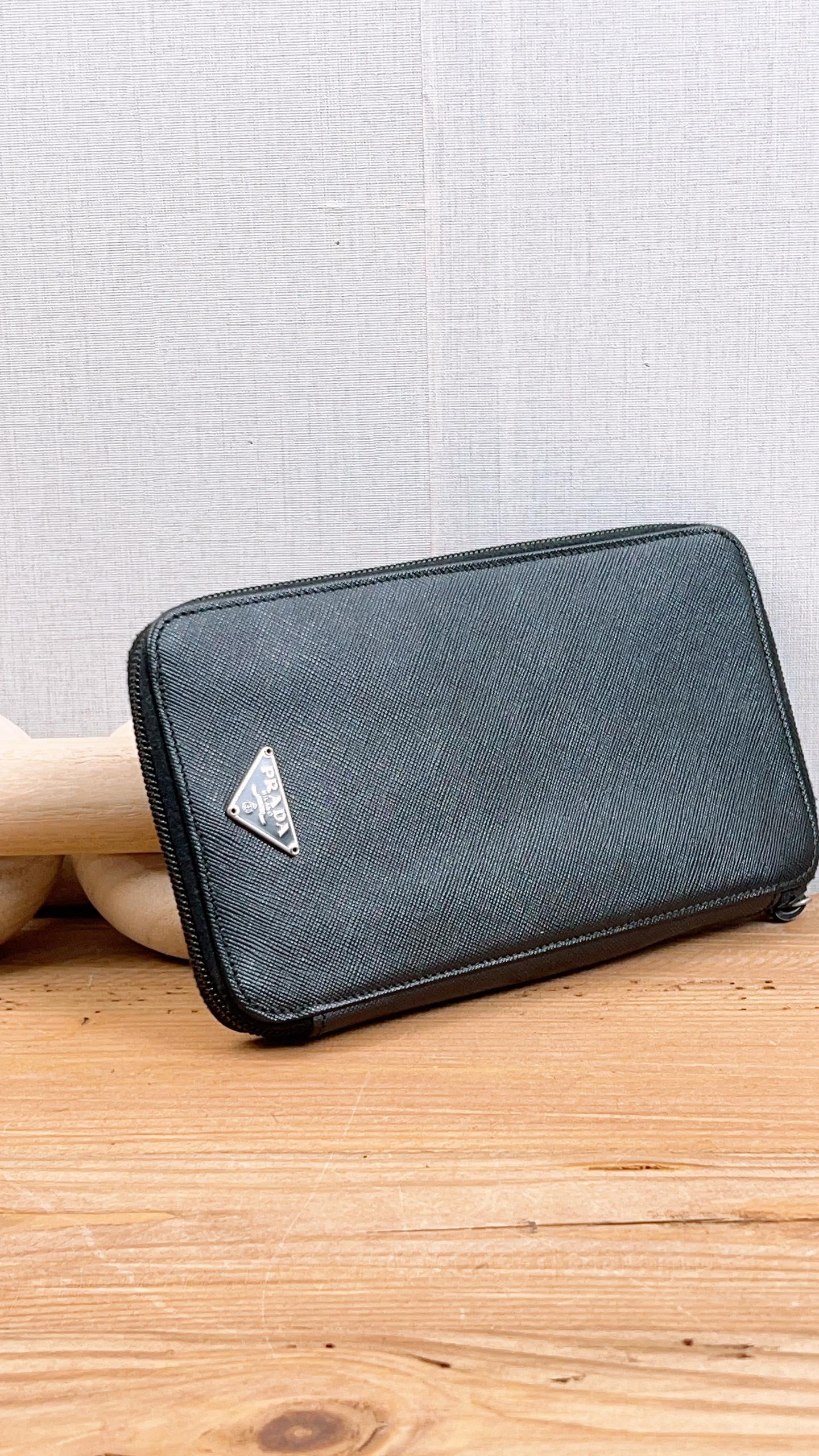 Prada Black Saffiano Travel Zippy Wallet