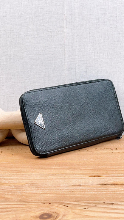 Prada Black Saffiano Travel Zippy Wallet