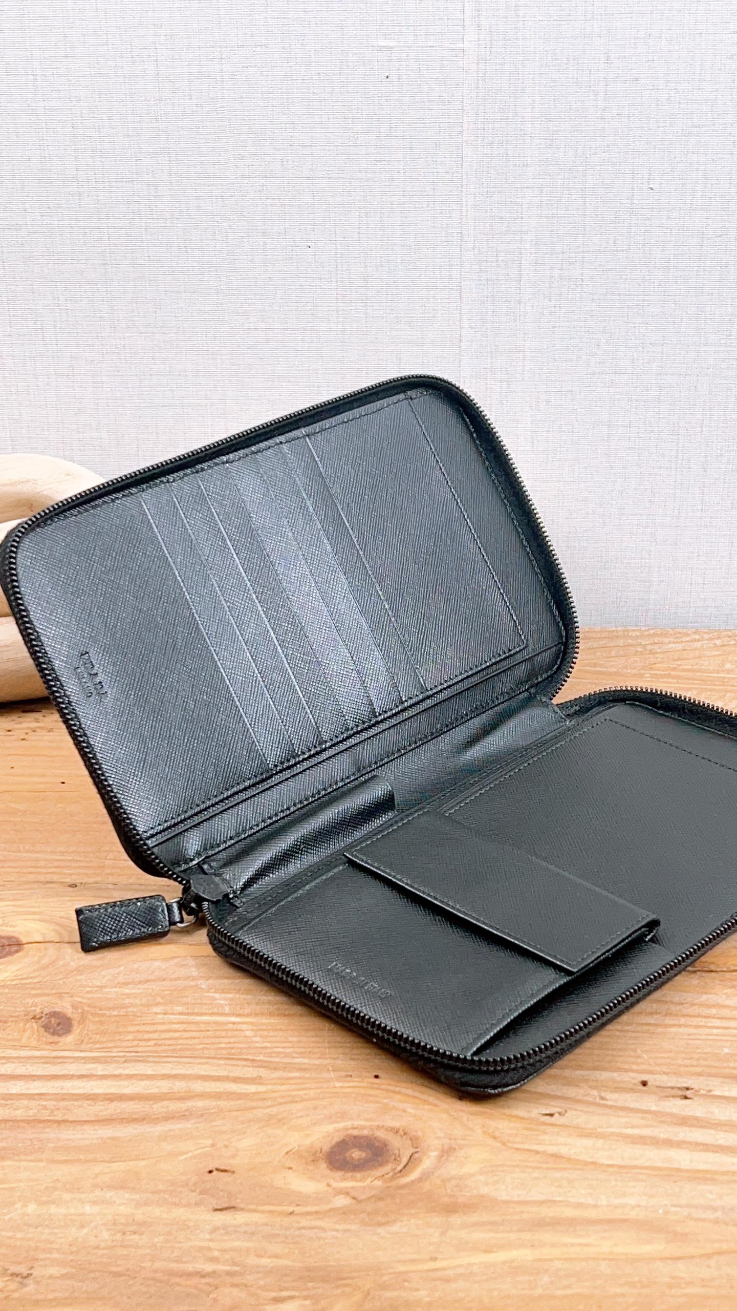 Prada Black Saffiano Travel Zippy Wallet