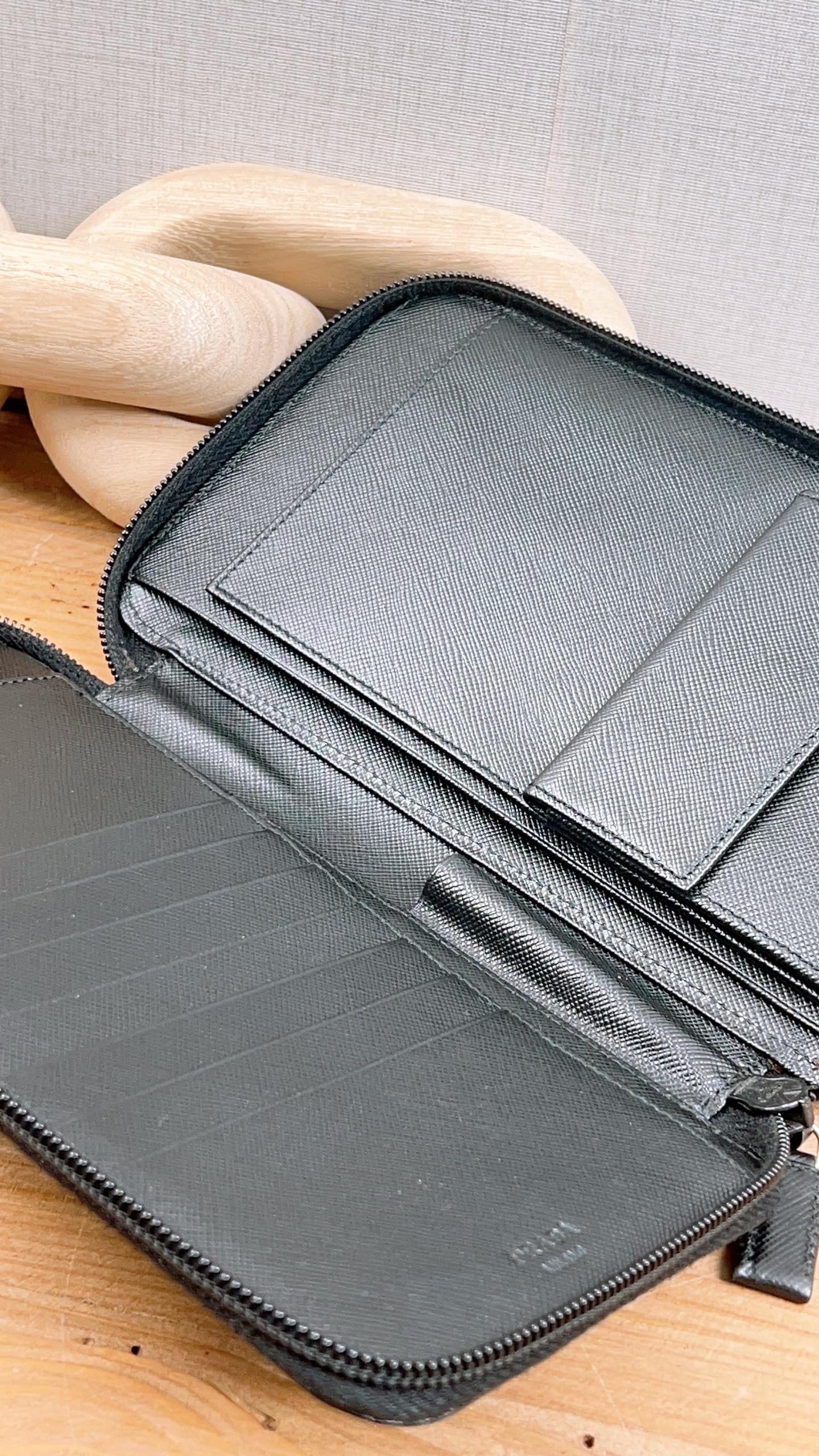 Prada Black Saffiano Travel Zippy Wallet