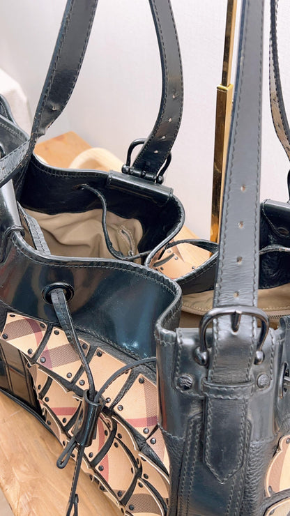 Burberry Nova Check Studded Warrior Armour Hobo Bag